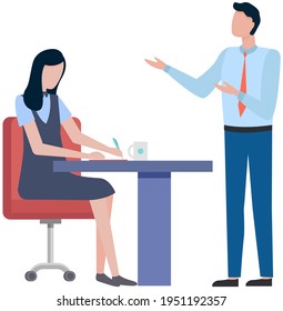 Business people man and woman talking to each other. Communication of colleagues in office