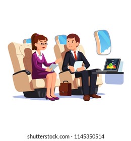 Business people man and woman traveling by jet plane. Colleagues going on business class trip and discussing presentation. Passenger jet airplane cabin interior. Flat vector isolated illustration