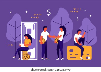 Business people, man and woman using app for money transfering, accounting and online banking, in flat modern style. Payment method and option or channel to transfer money. Vector illustration eps 10