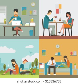 Business people, man and woman, working in various workplace, in office, restaurant or coffee shop, public park, and work at home. Flat design, diverse character. 