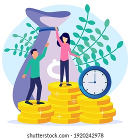 Business people manage working time and achieve success with their business. Financial concept, time management. Flat vector illustration.