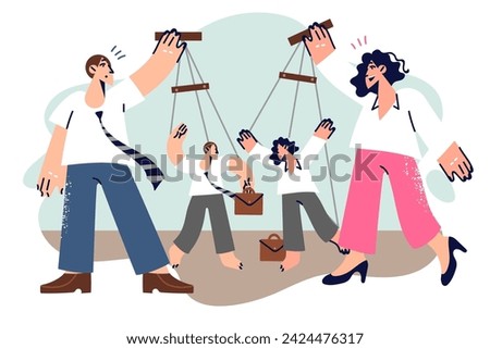 Business people manipulate employees by controlling puppets and pulling strings to achieve results. Concept of personnel manipulate in corporate world and power of management over staff