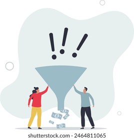 business people marketer holding funnel with flow of purchase money.flat vector illustration.