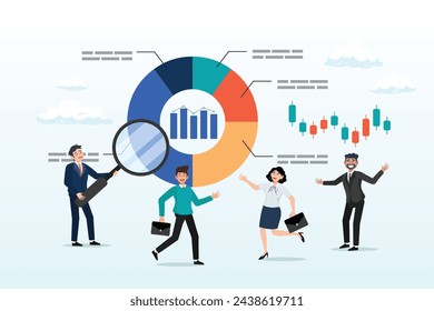 Equipo de marketing de personas de negocios analizar gráfico y gráfico, análisis de datos, estadística para analizar, tablero de gráficos de negocios, investigación de marketing, diagrama para la optimización, big data e información (Vector)