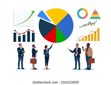 Business people marketing team analyze graph and chart. Data analytics, business graph dashboard, diagram for optimization. Flat vector illustration