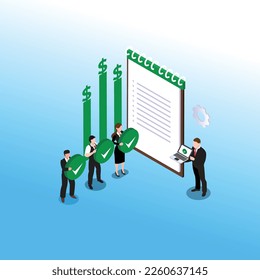 Business people marking check marks in checklist 3d isometric vector illustration concept for banner, website, landing page, ads, flyer template
