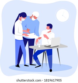Business People with masks Discuss Project in Office. Company Teamwork Brainstorm Collaboration in Office. Workflow Process Management, Data Analysis, Idea Development . Prevention within covid-19.