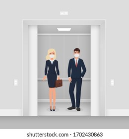 Business People In Masks In Elevator Character Flat Cartoon Vector Illustration Concept. Man And Woman In Formal Wear With Masks In Illuminated Elevator With Opened Door. Keep Distance Concept