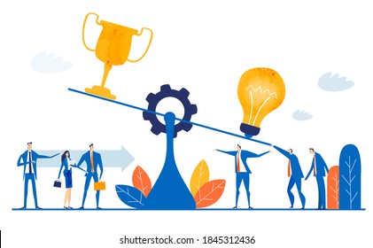 Business people measure success with weight machine. Trophy and light bulb at scale. Success and great idea concept 