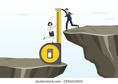 Business people measuring gap between cliff, gap analysis, measuring resources and strategy to reach target, comparison between current state, challenge and obstacle to overcome to success (Vector)