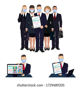 Business people in medical masks. Save the business during the epidemic. Vector illustration.