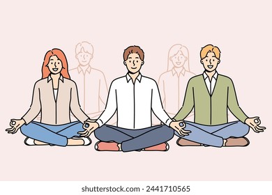 Business people meditation as team during break from work, sitting in lotus position from yoga and enjoying zen practice. Group meditation for office workers to gain strength before important meeting