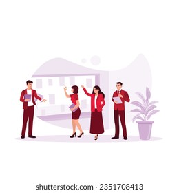 Business people meet in the office and use sticky notes to share ideas. Sticky Note Paper. Discussing business, teamwork, brainstorming concept. Trend Modern vector flat illustration