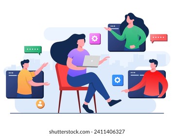Business people meet online, Female employee speak on video call with coworkers on laptop at home, Video Conference, Team thinking and brainstorming, Remote working, Virtual meeting, Teleconference,