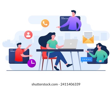 Business people meet online, Female employee speak on video call with coworkers on laptop at home, Video Conference, Team thinking and brainstorming, Remote working, Virtual meeting, Teleconference,