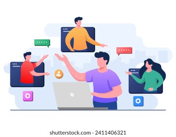 Business people meet online, Male employee speak on video call with coworkers on laptop at home, Video Conference, Team thinking and brainstorming, Remote working, Virtual meeting, Teleconference,