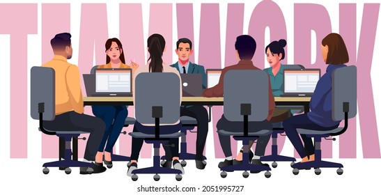 business people meeting at a big conference desk startup company people working together colorful flat style vector illustration charactors