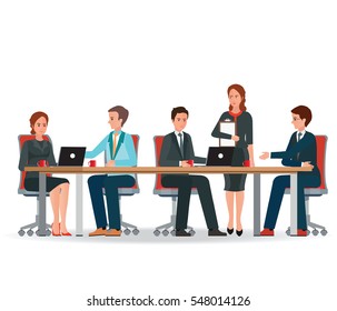 Business people meeting at a big conference desk, teamwork or brainstorming isolated on white background., People working together. character flat style vector illustration.