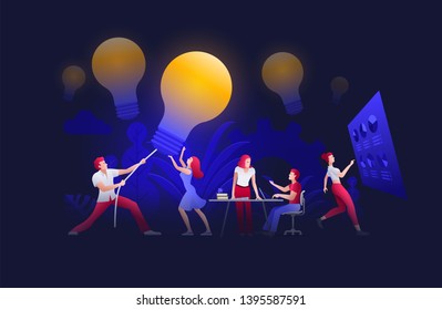 Business people meeting and brainstorming and search, find and hunt new ideas, solutions and opportunities.  Vector concept illustration. 