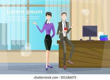 Business People Meeting Communication Office Interior Coffee Break Flat Vector Illustration