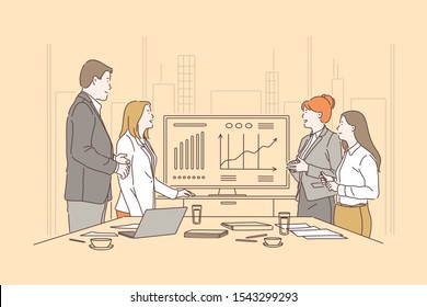 Business people meeting concept. Businessman and women presentation in conference room, office workers presenting financial statement, partners discussing project, workflow process. Simple flat vector