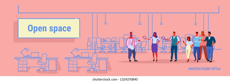 business people meeting conference creative open space office workplace co-working center modern workspace businesspeople teamwork concept sketch horizontal banner