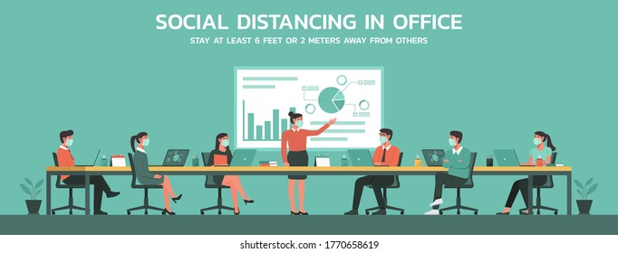 Business People Meeting Conference Together On Long Table In Meeting Room At Office, Man And Woman Wearing And Maintain Social Distancing To Prevent Spreading Of Virus, Flat Vector Illustration