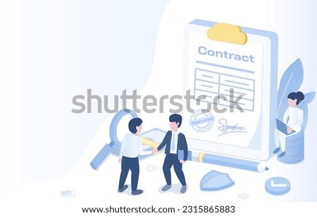 Business people meeting to discuss investment and negotiation. Handshake between business partners. Contract signing, successful completion of the deal. Isometric vector illustration with copy space.