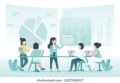 Business people meeting and discussing AI technology. Analyze data, strategy management, tactical plan, improve, develop to increase productivity and profit. Flat vector design illustration.