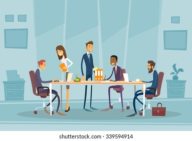 Business People Meeting Discussing Office Desk Businesspeople Working Flat Vector Illustration