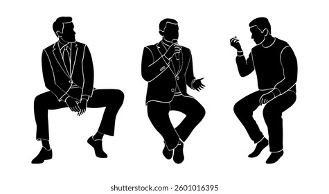 Business people, meeting, business discussion, brainstorming session, black silhouette of young men sitting