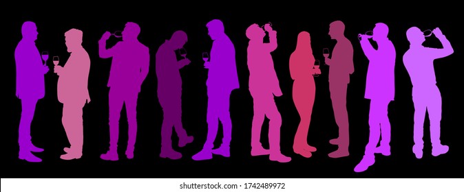 Business people meeting and drinking wine vector silhouette isolated on black. Friends toasting relaxation after work. Boys drink beer in bar. Social live celebration with beverage. Girl and boy love.