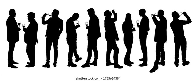 Business people meeting and drinking wine vector silhouette isolated on white. Friends toasting relaxation after work. Boys drink beer in bar. Social live celebration with beverage. Girl and boy love.