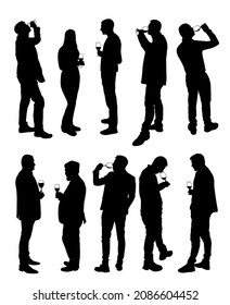 Business People Meeting And Drinking Wine Vector Silhouette Isolated On White. Friends Toasting Relaxation After Work. Boys Drink Beer In Bar. Social Live Celebration With Beverage. Girl And Boy Love.