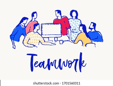 Business people at the meeting in front of the computer screen. Planning, teamwork, partnership, together concept. Hand drawn vector illustration, sketch