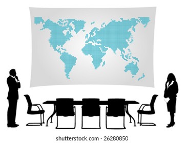 business people meeting in front of world map