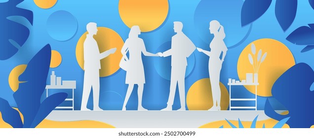 Business people meeting handshake silhouettes abstract background with blue and yellow circles and leaves office furniture paper cut style