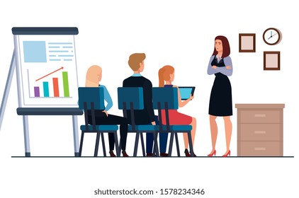 business people meeting with infographics presentation in workplace vector illustration design