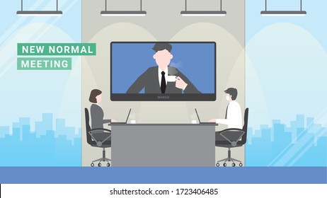 Business People Meeting Lifestyle After Pandemic Covid-19 Corona Virus. New Normal Is Social Distancing And Video Conference. Flat Design Style Vector Concept