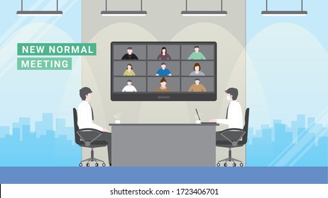 Business people meeting lifestyle after pandemic covid-19 corona virus. New normal is social distancing and video conference. Flat design style vector concept