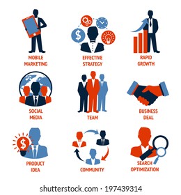 Business people meeting managements icons set of mobile marketing effective strategy rapid growth isolated vector illustration