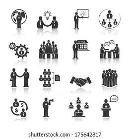 Business people meeting at office conference presentation icons set isolated vector illustration