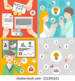 Business people meeting, office team work planning and brainstorm process, teamwork analyzing project, financial strategy presentation. Flat design style modern vector illustration concept. 