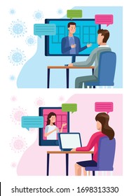 business people in meeting online reunion vector illustration design