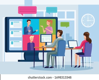 business people in meeting online reunion vector illustration design