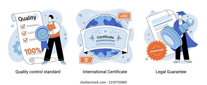 Business people meeting quality control standards and getting international certificate. Vector set for certification, quality management, industry, legal guarantee, legislative protection of rights