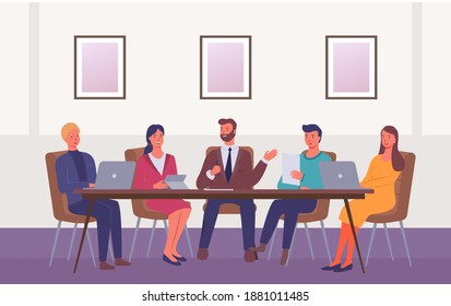 Business people at meeting table discuss strategy. Office desk for team planning and working. Conference of businessmen, strategic analysis and planning, discussion brainstorming. Team work concept