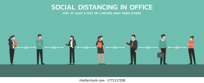 business people meeting together in the office wearing face mask and maintain social distancing, new normal concept, cartoon character flat vector illustration 