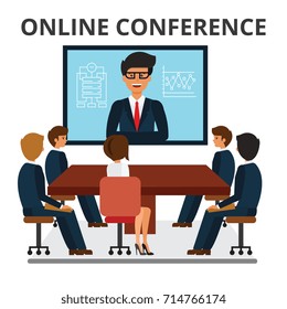 Business people meeting. Web conference in office. Corporate people looking at video presentation screen. Discussion, brainstorming. Flat style vector illustration isolated on white background.