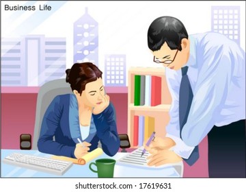 Business People - meeting young workers in office of city background with silhouette of buildings : vector illustration